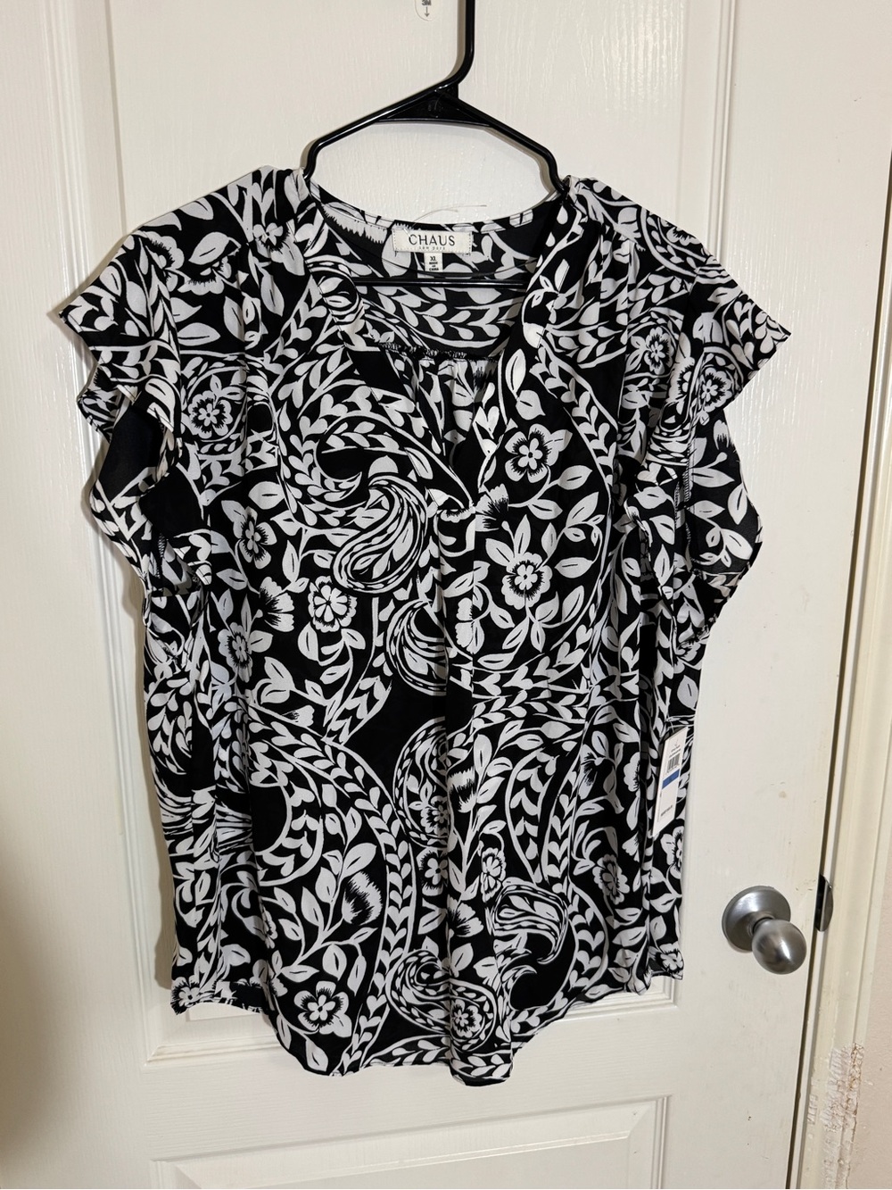 NWT Chaus Black White Paisley Floral Blouson Flowy Bohemian Blouse Top XL $49